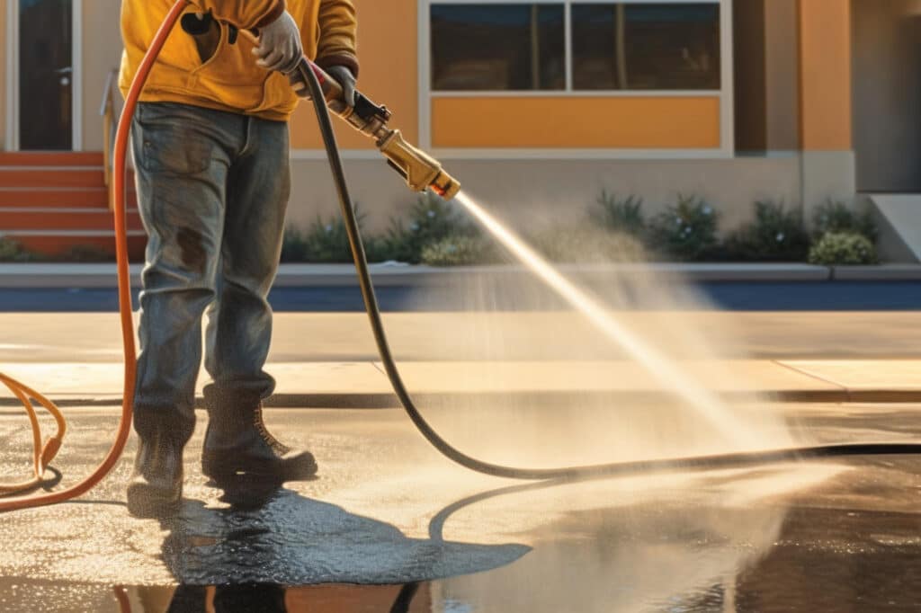 A man power washing the concrete floor